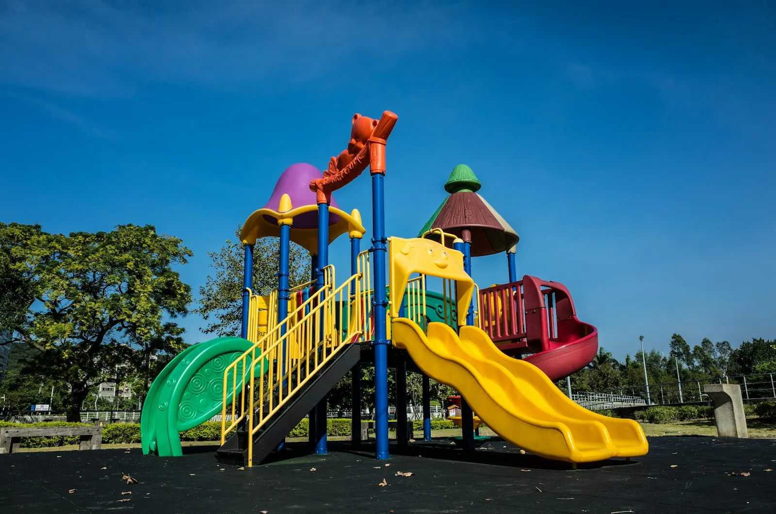Outdoor play area with slides