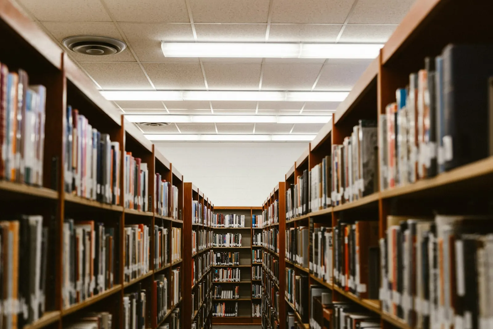 Rows of bookshelves in the school library